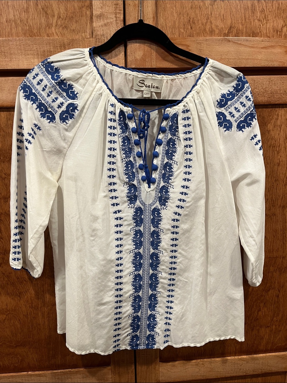 Seaton Whitr Peasant Blouse with Blue Embroidery